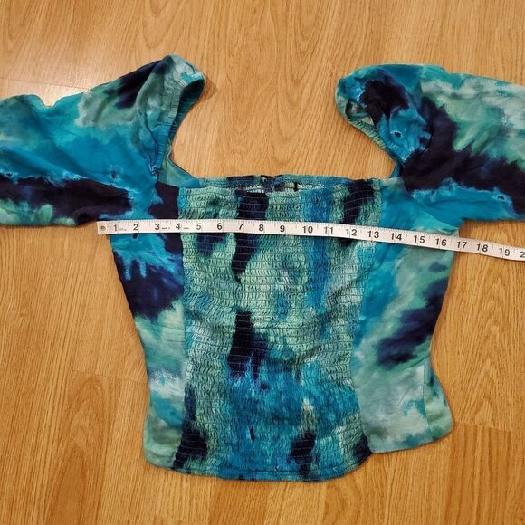AFRM Bardot Tie Dye Smocked Square Neck Top size Medium in Teal - Picture 10 of 13